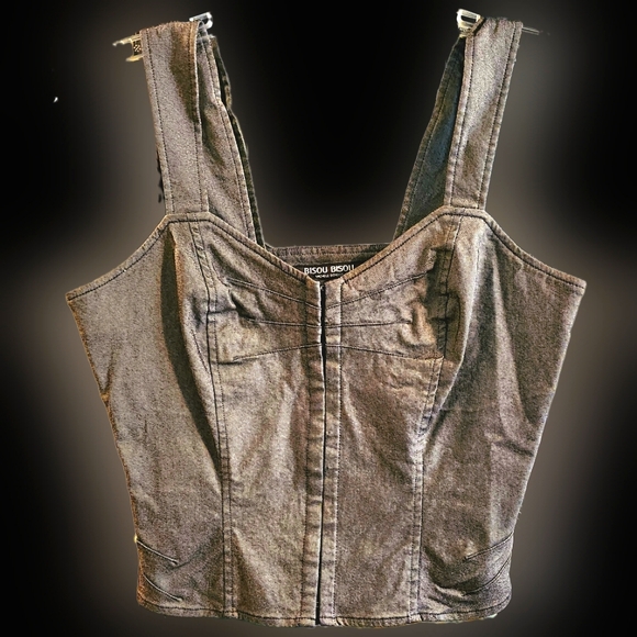 Bisou Bisou Tops - Bisou Bisou Gray Denim Hook Eyelet Front Corset Tank Top